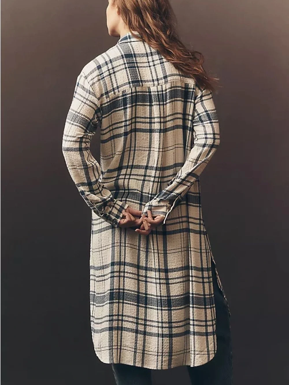 Pilcro Cream and Navy Long-Line Button Front Plaid High-Low Shirt Dress